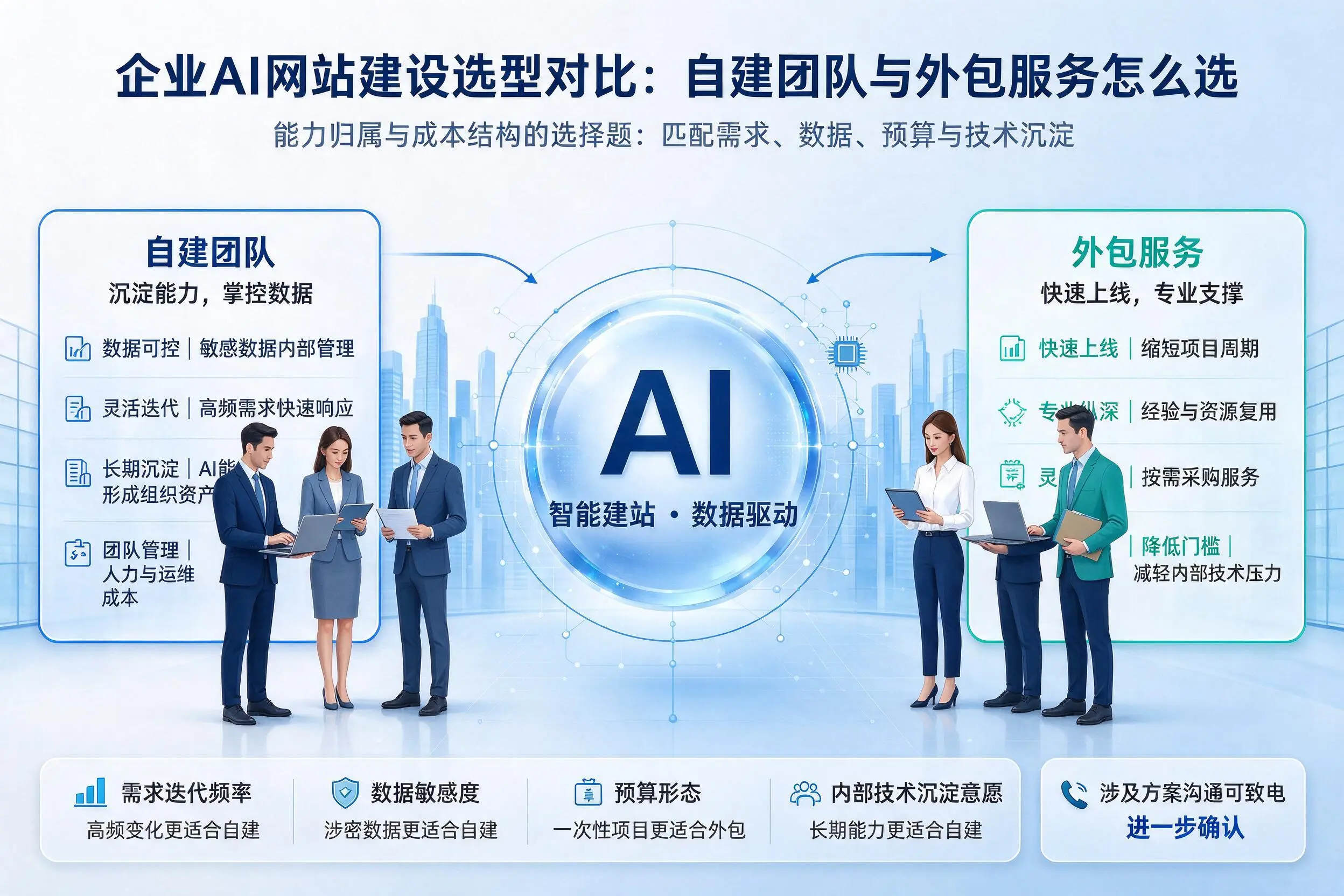韶关企业AI网站建设选型对比：自建团队与外包服务怎么选